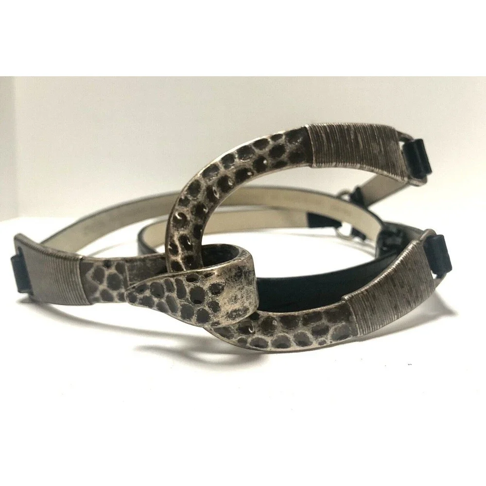 Chicos Black Leather Hip Belt Adjustable Pewter Boho Horseshoe Buckle M/L 31-44” - Picture 1 of 16